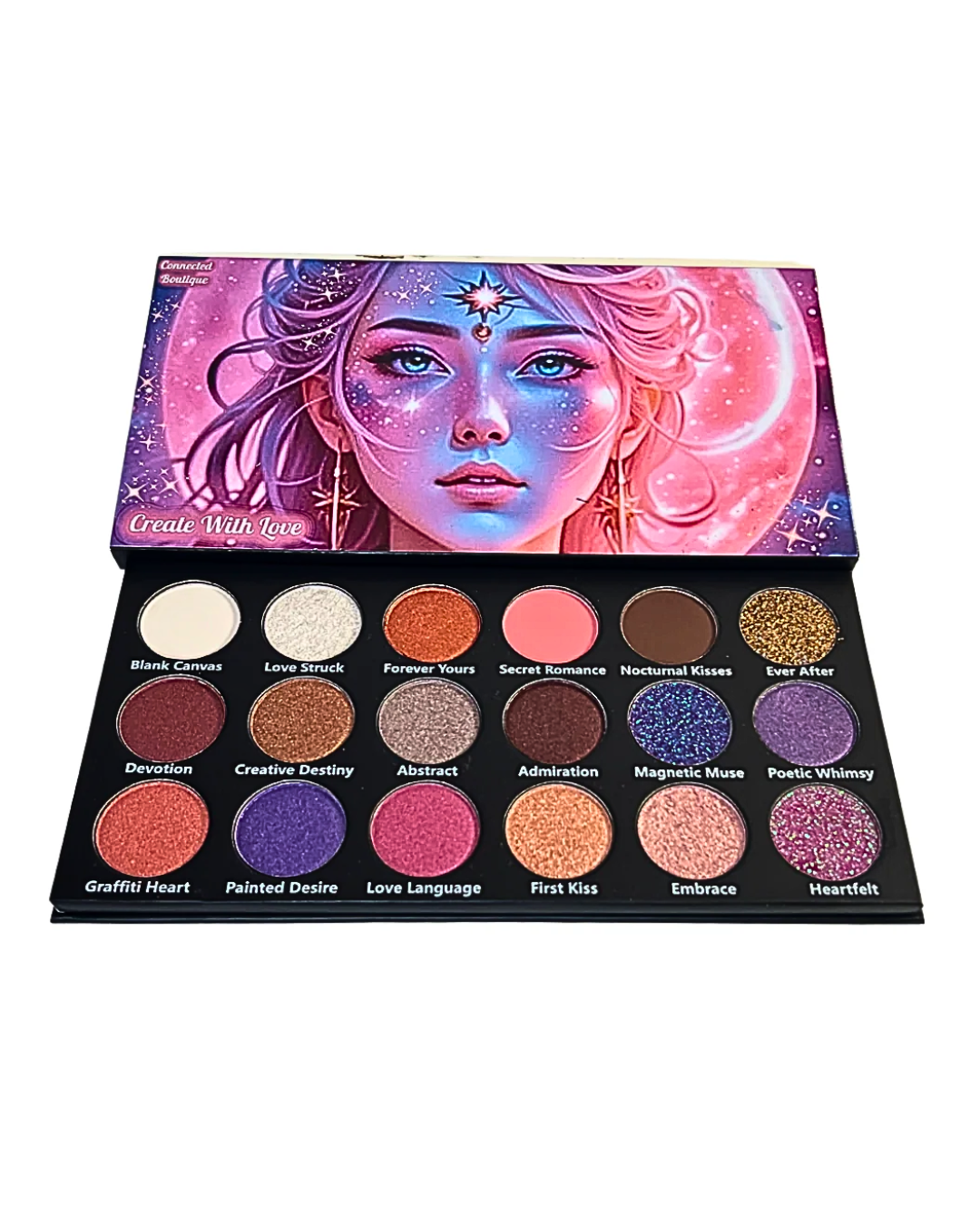 Connected Boutique - Create With Love 18‐Shade Eyeshadow Palette – Mattes, Shimmers & Glitters